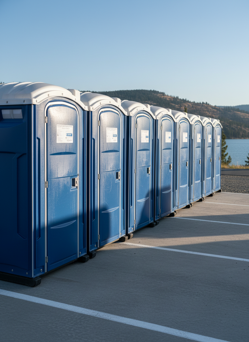 A neat row of modern portable toilets in a deep blue and clean white color scheme, each unit freshly washed with water droplets still visible on the smooth plastic surfaces. They are positioned on a level gravel pad with neatly painted parking lines, backed by a distant view of Okanagan hills and a calm blue lake. Late afternoon natural light casts soft, long shadows and brings out subtle texture in the molded doors and vents. Photographic realism, shot at eye level with a slight angle down the row, sharp focus throughout, creating a professional, reliable, and orderly mood suitable for a service-oriented business homepage.
