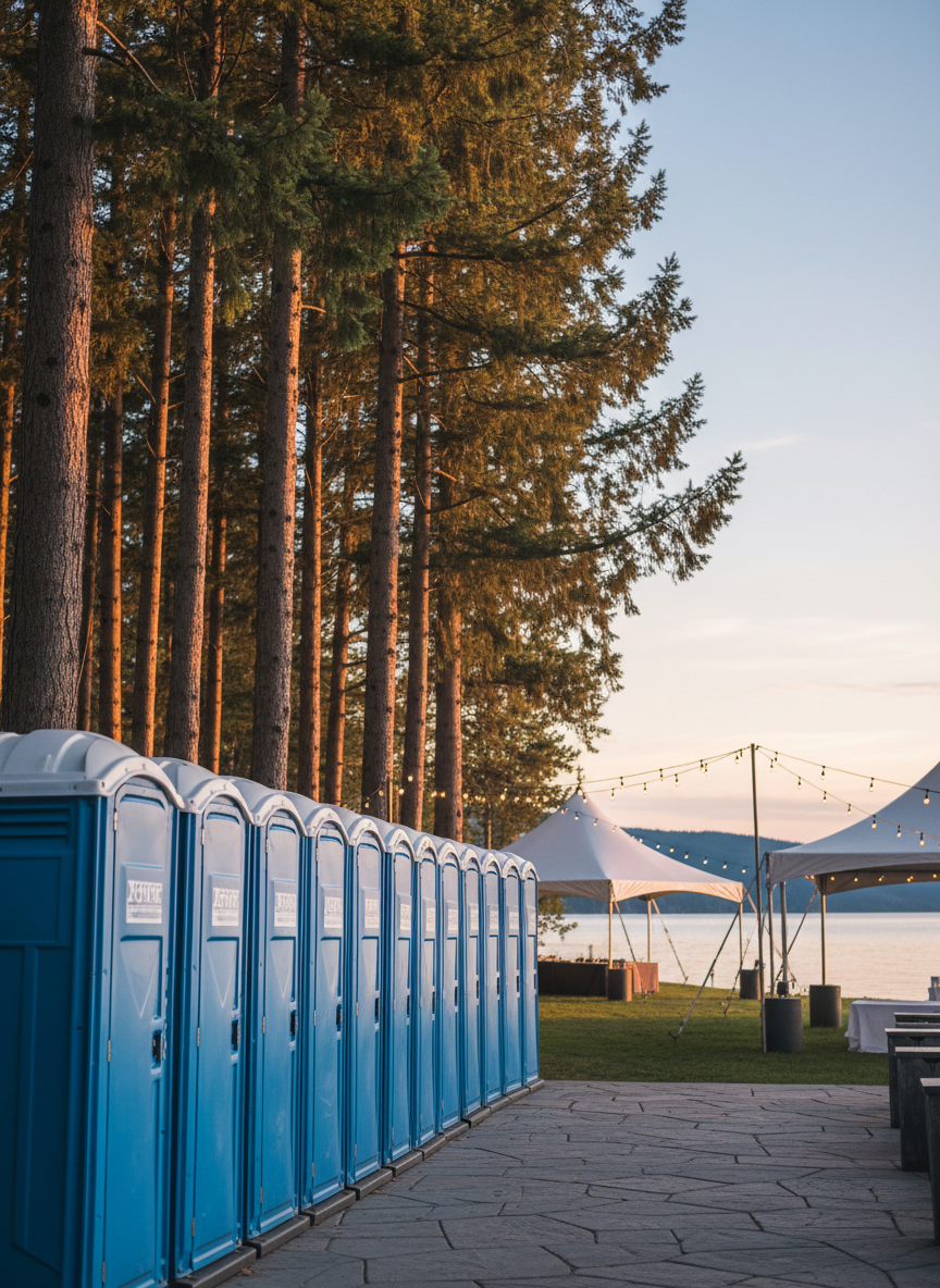 A lakeside event setting with a neat line of blue portable toilets tucked discreetly along a paved path beside a stand of tall trees. In the background, slightly out of focus, are white event tents, string lights, and the shimmering surface of an Okanagan lake under a pastel evening sky. Warm golden-hour light filters through the trees, creating dappled highlights on the smooth plastic doors and subtle shadows on the ground. Photographic realism, composed using the rule of thirds, emphasizing unobtrusive, well-planned sanitation solutions that blend cleanly into scenic environments.
