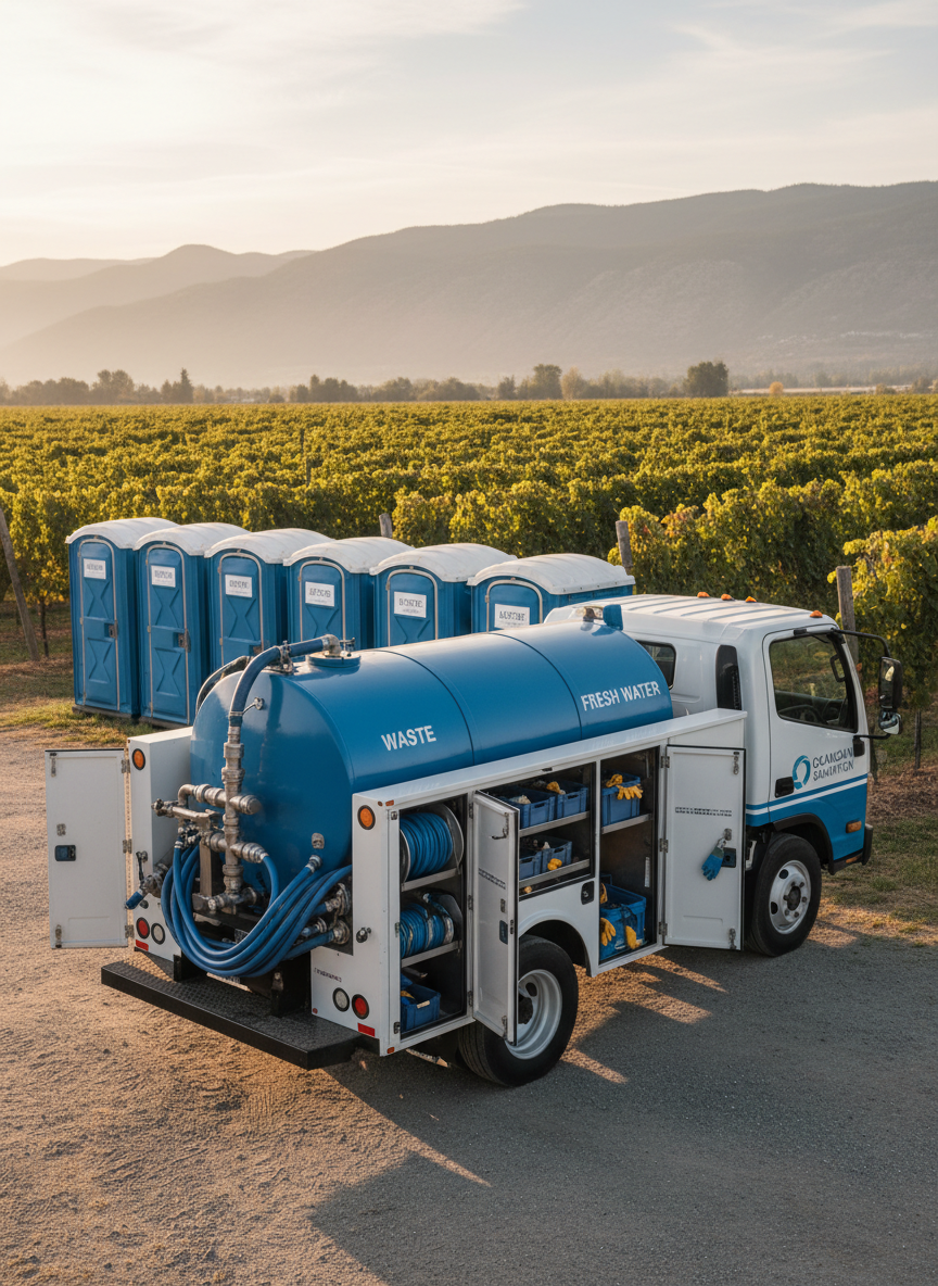 A compact service truck in matching blue and white branding parked beside a line of portable toilets on the edge of a vineyard access road in the Okanagan. The truck’s rear tank, hoses, and clearly labeled service compartments are clean and neatly organized. Rolling vineyard rows and distant mountains create a scenic but subtly blurred backdrop. Early morning golden light casts gentle highlights on the truck’s polished metal and the plastic toilet shells, with long, soft shadows. Photographic realism from a three-quarter angle, balanced composition, projecting efficiency, reliability, and respect for the surrounding natural environment.