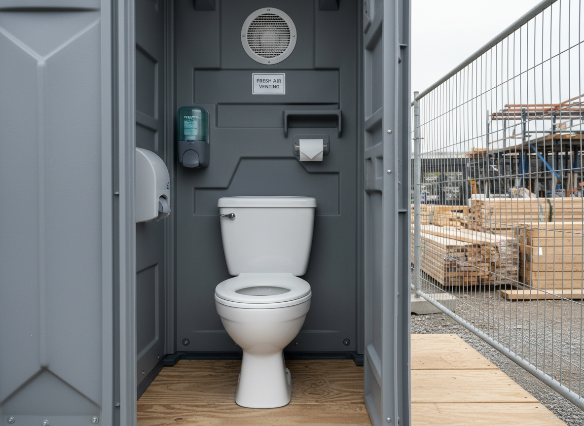 An open portable toilet door revealing an exceptionally clean, well-maintained interior in neutral gray and white tones. The interior features a spotless seat, sanitizer dispenser, small wall-mounted shelf, and clearly labeled venting, all made from matte, durable plastic. The unit stands on a leveled plywood platform beside a construction site perimeter fence, with stacked lumber and equipment softly blurred in the background. Overcast daylight gives diffused, shadow-free lighting that highlights cleanliness and order. Photographic realism, eye-level composition, shallow depth of field emphasizing the pristine interior and reinforcing a trustworthy, professional service image.